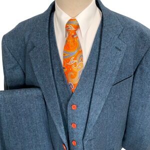 Bespke 3 Pc Suit Men 55R Blue Red Herringbone Plaid Flannel Statement Dapper